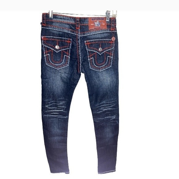 Y2K True religion Jeans Urban Cow Bill Big T Distress Skinny green Blue Size 28 - Picture 5 of 16